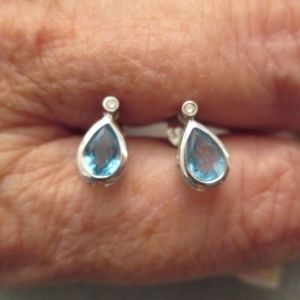 14kt.White Gold & Genuine Blue Topaz & Diamond Earrings, Pierced Post, New